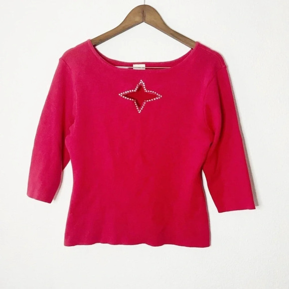Retro Cut Out Rhinestone Star Embellished Ribbed Top Cotton 3/4 Sleeve Large - Picture 1 of 9